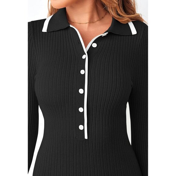 Women's Knit Sweater Dress V Neck Button Long Sleeve Mini Work Casual - Picture 6 of 7